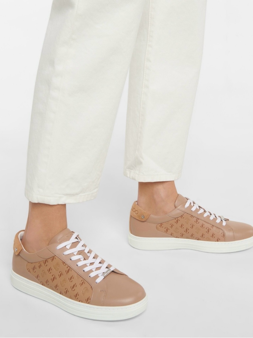 Jimmy Choo Taupe Leather Low-Top Sneakers with Monogram Panel